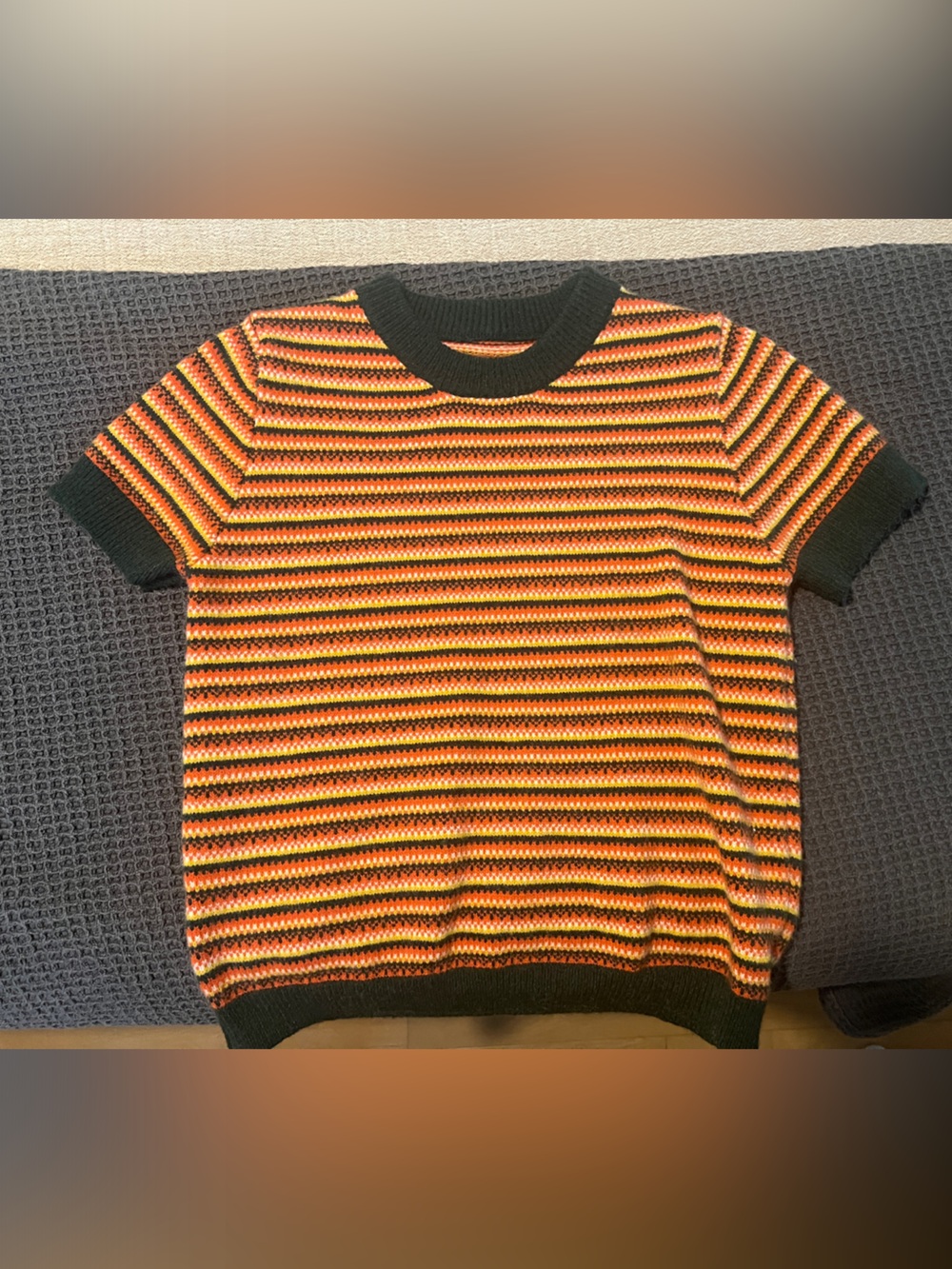 Cider Short-Sleeve Striped Crewneck Sweater in Dark Green, Orange, Yellow - Picture 1 of 3
